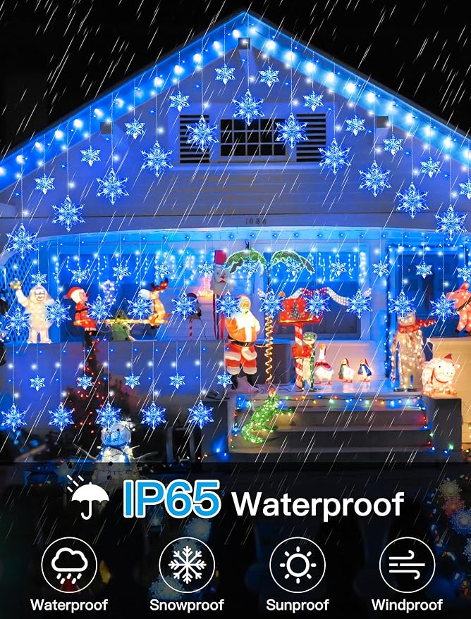 Christmas Snowflake Lights Outdoor,8.2 FT 144 LED Snowflake Icicle Lights with 12 Drops,8 Modes Timer Waterproof Connectable Xmas Light for Eaves,Windows,Curtain,Indoor Outdoor(Blue White)