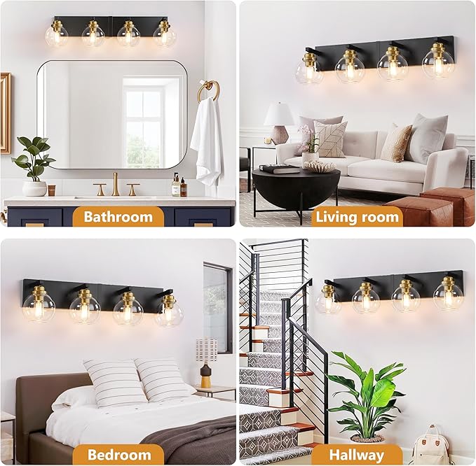 4-Light Bathroom Vanity Light Fixture Over Mirror, Bathroom Light Fixutre Matte Black & Gold Finish with Globle Clear Glass E26 Base Bulbs Not Included for Bathroom, Hallway, Bedroom, Living room