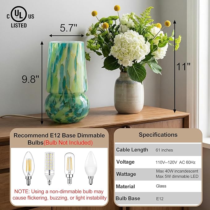 9.8 Inch Mushroom Table Lamp, UL Listed Dimmable Small Desk Bedside Lamp with Woven Beige Cord, Handcrafted Pattern, Murano Home Decor for Bedroom, Living Room, Emerald Teal, No Bulb Included