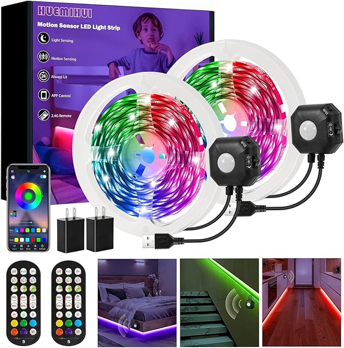 Motion Sensor Under Bed Lights,2x13.12Ft RGB Color LED Strip Lights with Constant On,Motion Activated,Light Sensing 3 Modes,App and RF Remote Control USB Music Sync Stair Lights for Bed Cabinet Closet
