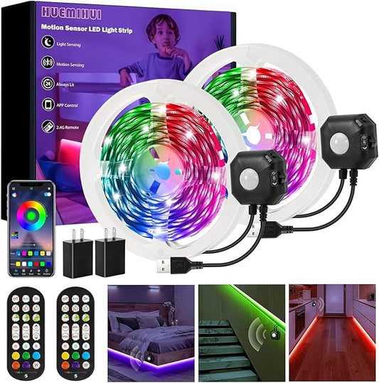 Motion Sensor Under Bed Lights,2x13.12Ft RGB Color LED Strip Lights with Constant On,Motion Activated,Light Sensing 3 Modes,App and RF Remote Control USB Music Sync Stair Lights for Bed Cabinet Closet
