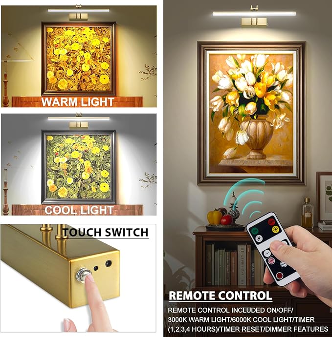 RAIFOOLLY Picture Light, 16inch Cordless Picture Lights for Wall with Timer and Dimmable, Battery Operated Wall Lights for Display Gallery Painting Art Frame Portrait, Metal, Dual Color Temperature