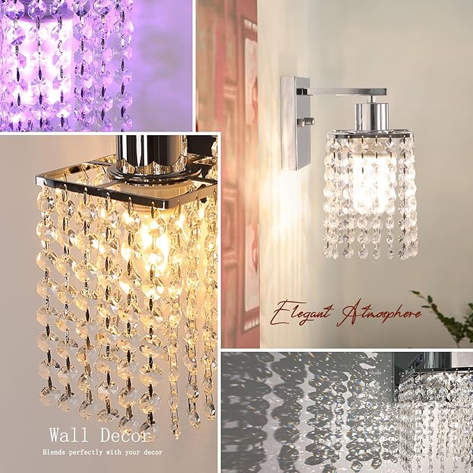 Shenmoyl Set of 2 Crystal Battery Operated Wall Sconce,Rechargeable Wall Lamp with 5200mAh Battery & Remote Control, Modern Dimmable Wireless Wall Lights for Bedroom Bathroom (Clear, Silver Base)