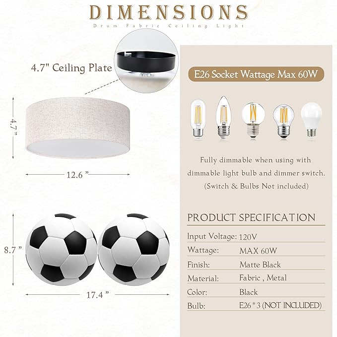 12.6 Inch Flush Mount Ceiling Light Black Close to Lights Fixture with Fabric Shade 3-Light Drum Modern Lights for Dining Room Bedroom Hallway