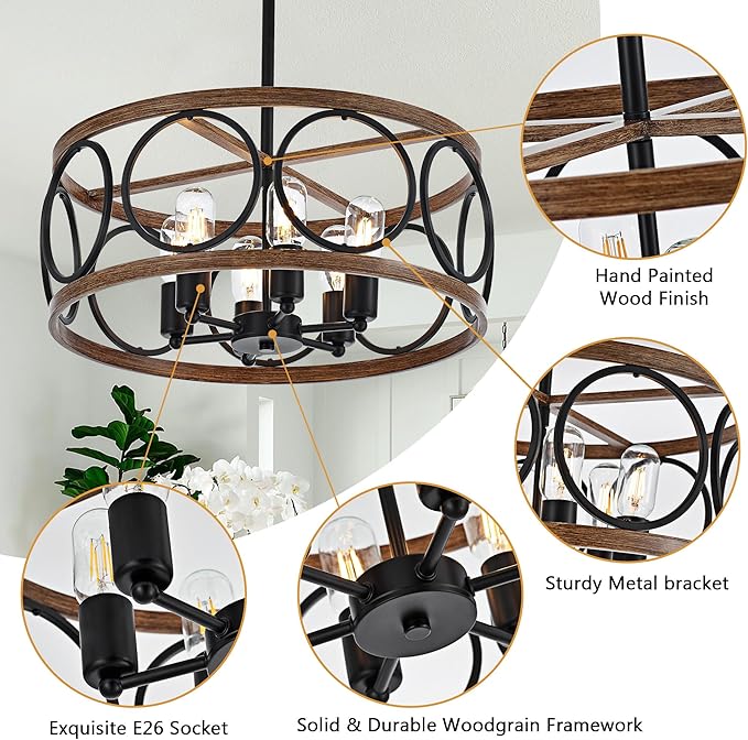 6-Light Farmhouse Drum Pendant Light,19.7'' Nature Wood Texture Vintage Rustic Chandeliers Black Metal Industrial Hanging Light Fixtures for Entryway, Bedroom Dining Room
