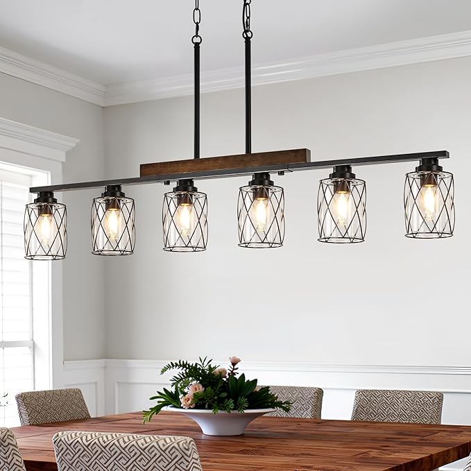 6-Light Dining Room Light Fixture/Chandelier Over Table, Island Lighting Hanging for Farmhouse Linear Chandeliers Matte Black Rustic Wood Ceiling Pendant Light Fixtures, with Clear Glass Shade