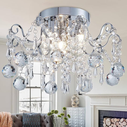 Rain Drop Crystal Small Crystal Chandelier Ceiling Light 3-Light Fixture Modern Chrome Iron Material Suitable for Bedrooms, Hallways, Walk-in Closets, Entryways, Stairwells (Chrome)
