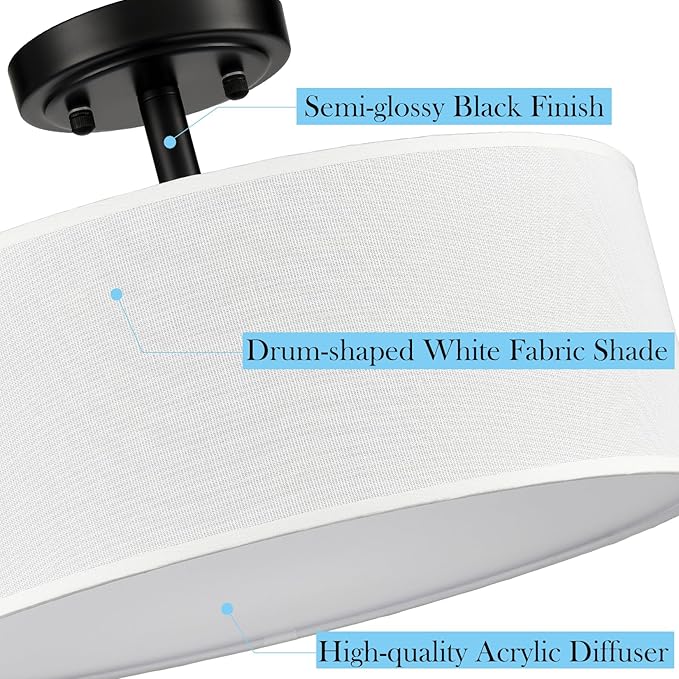 3-Light Black Semi Flush Mount Ceiling Light, 15-Inch Drum Light Fixtures Modern Farmhouse Matte Black Close to Ceiling Lamp for Bedroom Living Room Hallway Kitchen