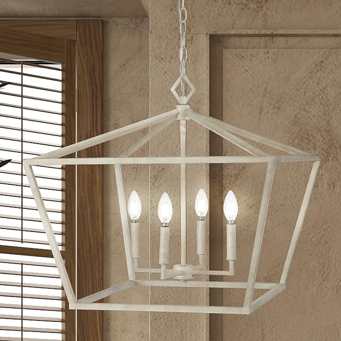 JONATHAN Y 23" Antique White 4-Light Rustic Glam Adjustable Iron LED Pendant, Open Cage Lantern Hanging Light for Dining Room, Kitchen Island, Foyer, Farmhouse French Country JYL7520A