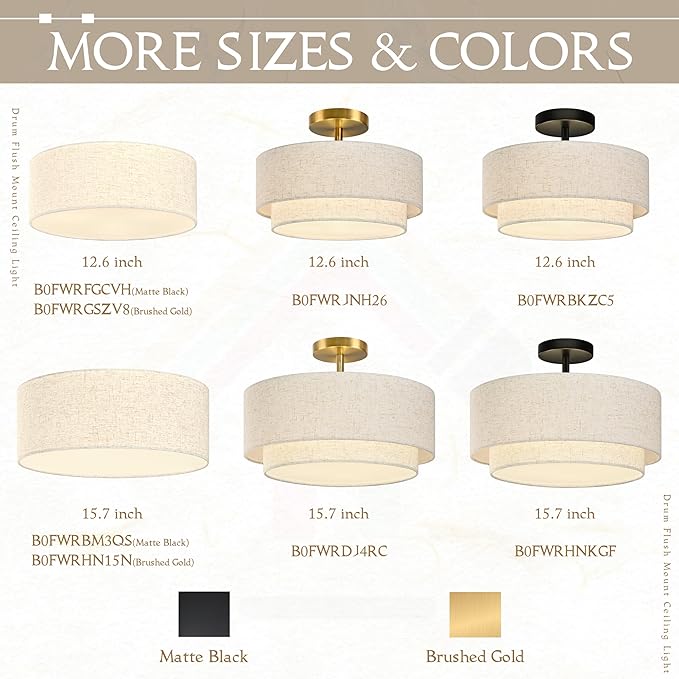 15.7 Inch Flush Mount Ceiling Light Black Close to Lights Fixture with 2-Layer Fabric Shade 3-Light Drum Modern Lights for Dining Room Bedroom Hallway