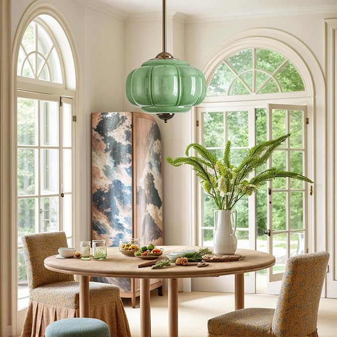 Green Milk Glass Ceiling Light Fixture, 12" Semi Flush Mount Pendant Light with Antique Brass Finish, Schoolhouse Light Fixture - Antique Chandelier for Kitchen, Hallway, Dining Room