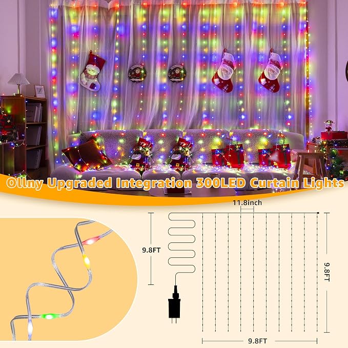 Ollny Curtain Lights 300 LED 9.8FT x 9.8FT, Connectable IP67 Waterproof Outdoor Christmas Curtain Lights with Remote, Plug-in Untangle Fairy Lights with 8 Modes&Timers for House Decor(Multicolored)