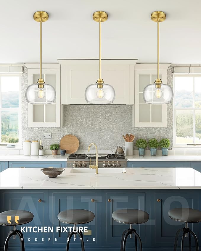 AUTELO Gold Pendant Lights, 1-Light Pendant Lights Kitchen Island in Brushed Gold Finish with Clear Glass, Vintage Pendant Light Fixtures, Gold Hanging Lights for Kitchen Island H9385 BG-R