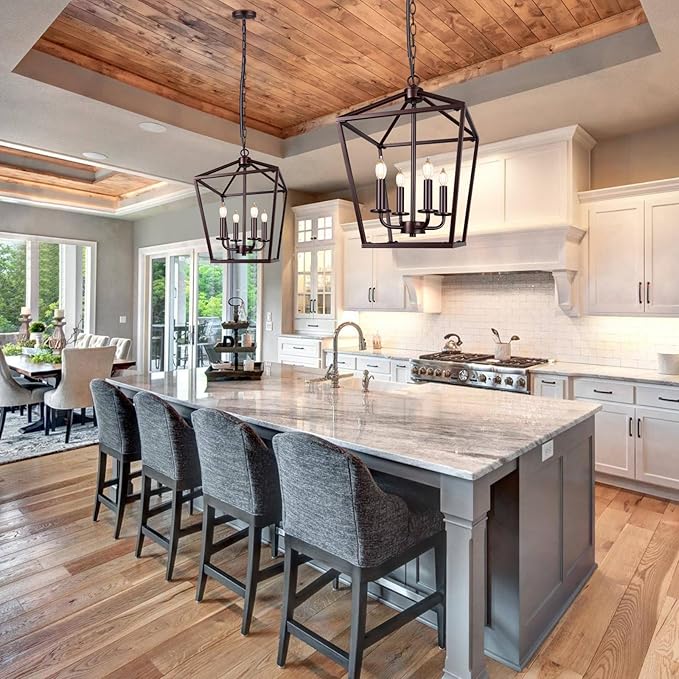 Farmhouse Chandelier 4-Light, Oil-Rubbed Bronze Pendant Light Fixture for Kitchen Island Dining Room, Lantern Industrial Lighting Ceiling Hanging with Metal Cage Adjustable Height for Entryway Foyer