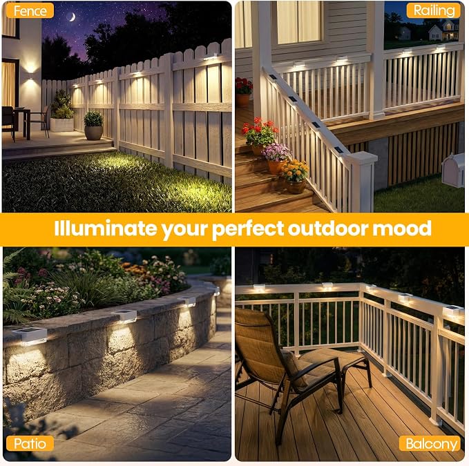 JOFIOS Solar Deck Lights 12 Pack, 3 Color Modes Soft Warm/Natural/Cool Glow, IP65 Waterproof Step Lights for Outdoor Ambiance, Solar Lights for Fence, Deck, Railing, Patio & Backyard Decor (White)