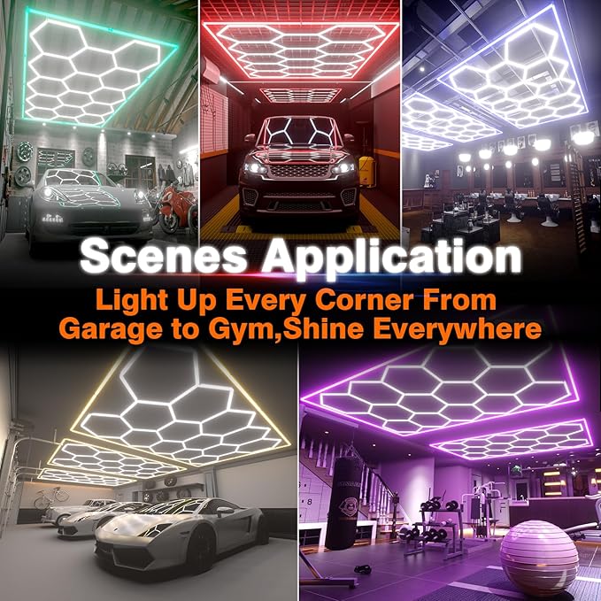 Hexagon Garage Lights, 14 Grids Hexagon LED Lights with Rectangle Frame, 603W 6500K Super Bright Honeycomb Light for Warehouse, Car Detailing Shop, Exhibition Hall, Gym(Blue)