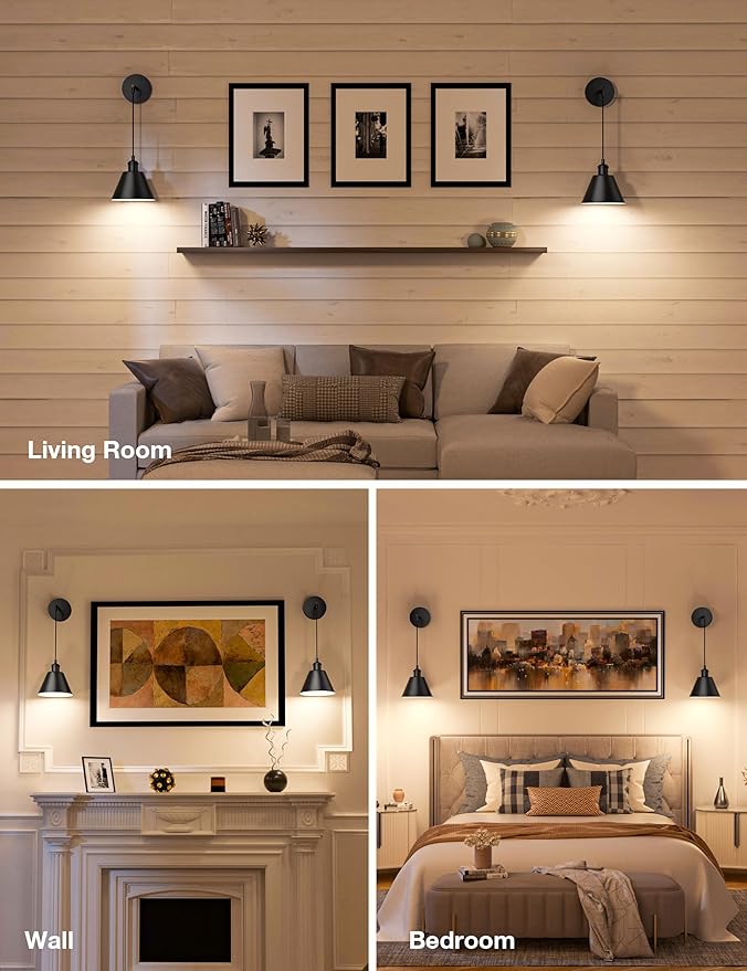 NIORSUN Matte Black Battery Operated Wall Sconce Set of 2, 5200mAh Dimmable Detachable Bulbs and Remote Wireless Rechargeable Wall Lights, 9 Colors Sconces Wall Decor for Bedroom Living Room Hallway