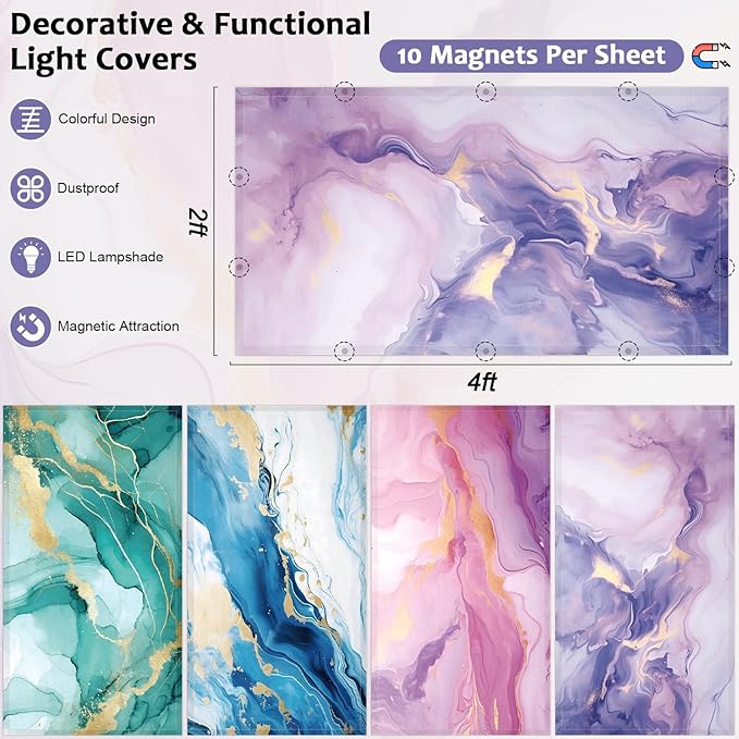 QOUBAI 4PCS Fluorescent Light Covers, 4x2 Feet Magnetic Light Cover Fluorescent Lights Shade Panel Positive Inspirational Ceiling Lights Filters for Office Classroom Home Drop Ceiling Marble