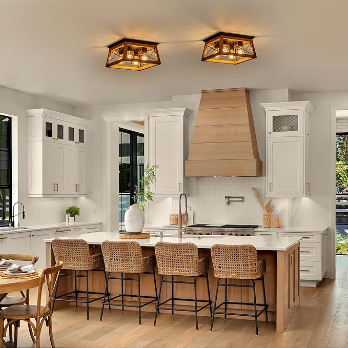 Farmhouse Light Fixture, 4-Light Rustic Ceiling Light, Trapeziform Wood Flush Mount Ceiling Light for Kitchen, Hallway, Entryway, Bedroom