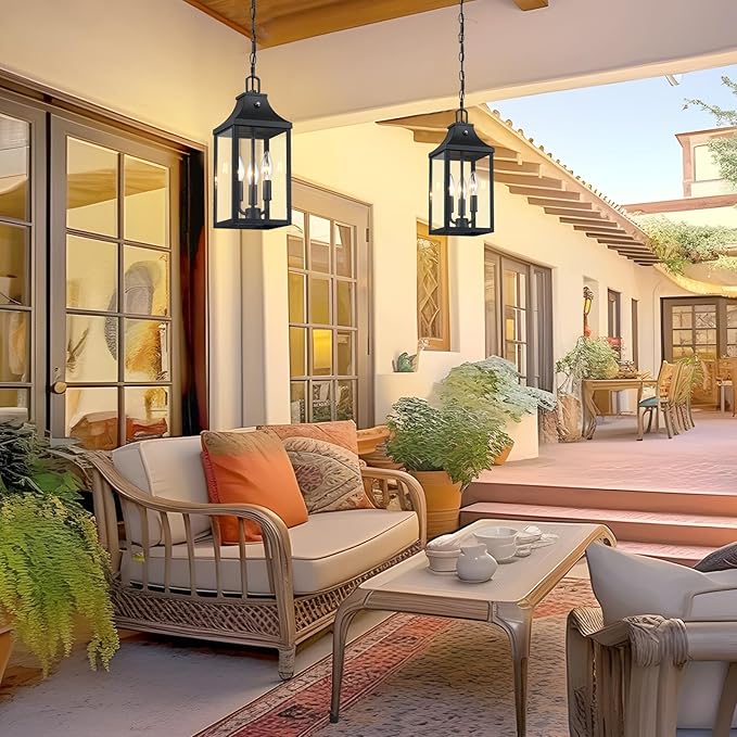 15'' Large Outdoor Pendant Light Fixtures 3-Light, Dusk to Dawn Exterior Hanging Lantern Porch Light Adjustable, Black Hanging Lamp Farmhouse Exterior Chandelier Ceiling Mount for Patio, 1Pack