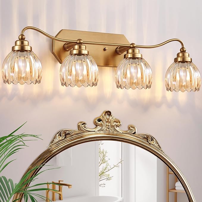 Vintage Bathroom Light Fixtures, 4 Light Gold Bathroom Vanity Light, Matte Antique Brass Finish with Amber Crystal Glass Shade, Wall Sconces Lighting for Bedroom, Living Room（Amber-colored Glass）