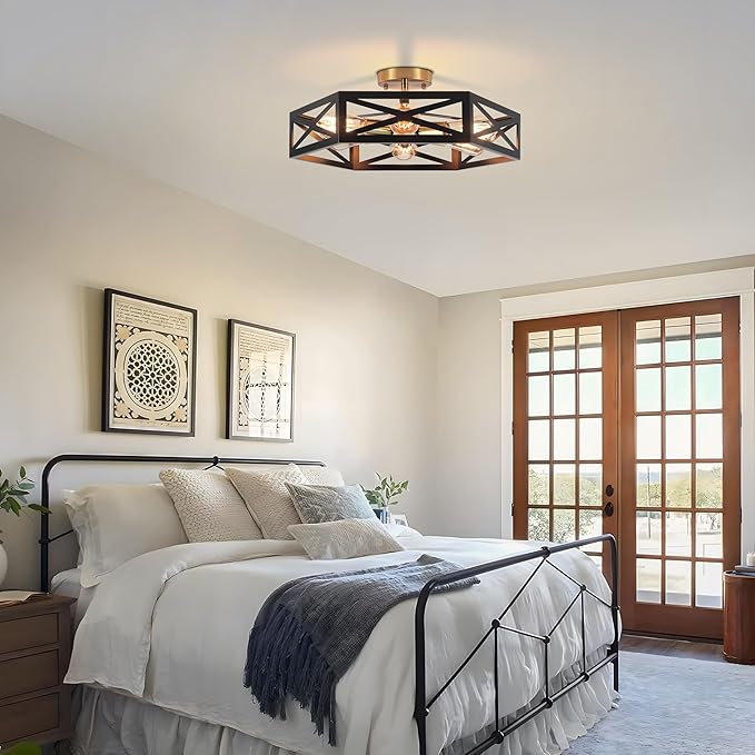 19.6" Rustic Foyer Lighting Fixtures, Black Farmhouse Kitchen Light Fixtures with Metal Cage Modern Black and Gold Hallway Light Fixture Black Ceiling Light for Bedroom Bathroom Foyer