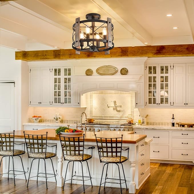 Black Semi Flush Mount Ceiling Light, 4-Light Ceiling Light Fixture, Farmhouse Chandelier Ceiling Light, Rustic Industrial Dining Room Light Fixture for Kitchen Bedroom Hallway Living Room E12