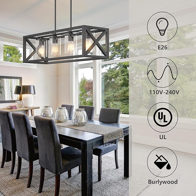 Espird Farmhouse Dining Room Light Fixture - 4 Light Kitchen Island Lighting with Adjustable Height & Thickened Metal Dining Room Light Fixture Over Table，Chandeliers for Dining Room&Kitchen Island