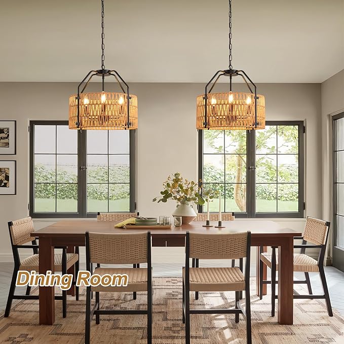 lobolighting 4-Light Rattan Chandelier Light Fixtures, 16.5" Boho Pendant Light with Hand Woven Drum Shade, Modern Farmhouse Chandelier for Dining Room Living Room Kitchen Island Bedroom