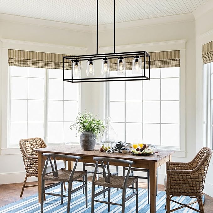 5 Light Dining Room Light Fixture Matte Black Farmhouse Chandelier Over Table Rectangular Kitchen Pendant Lighting Rectangle Modern Industrial Living Room Hanging Lights Adjustable Height