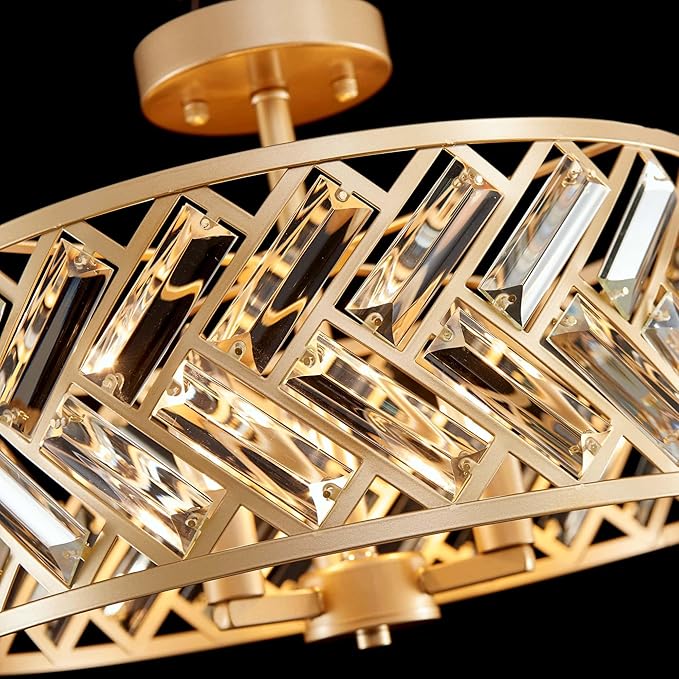 AGV LIGHTING CL052G K9 Crystal Ceiling Light, Flushmount Ceiling Light Fixture for Living Room, Close to Ceiling Modern Design, 3-Lights, D15 x H11 in, Clear Crystal & Gold Finish Frame