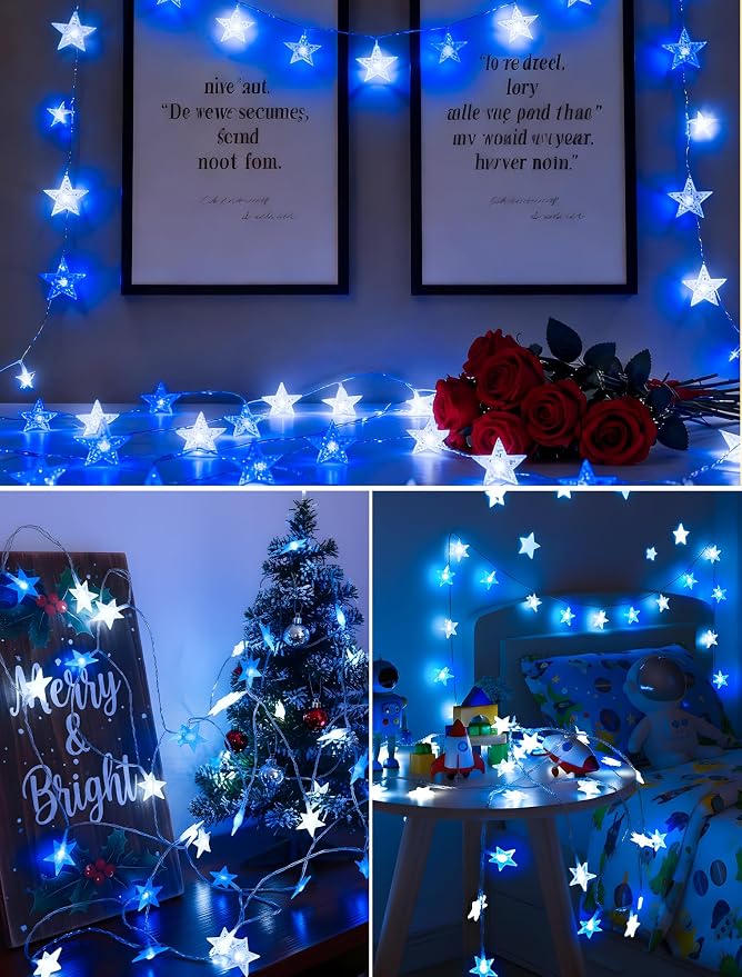 Star String Lights Plug in,39ft 100LED Fairy Lights with Remote, Hanging Star Decorations Lights Waterproof for Indoor Outdoor Bedroom Classroom Dorm Kids Tent Party Decor,Blue White