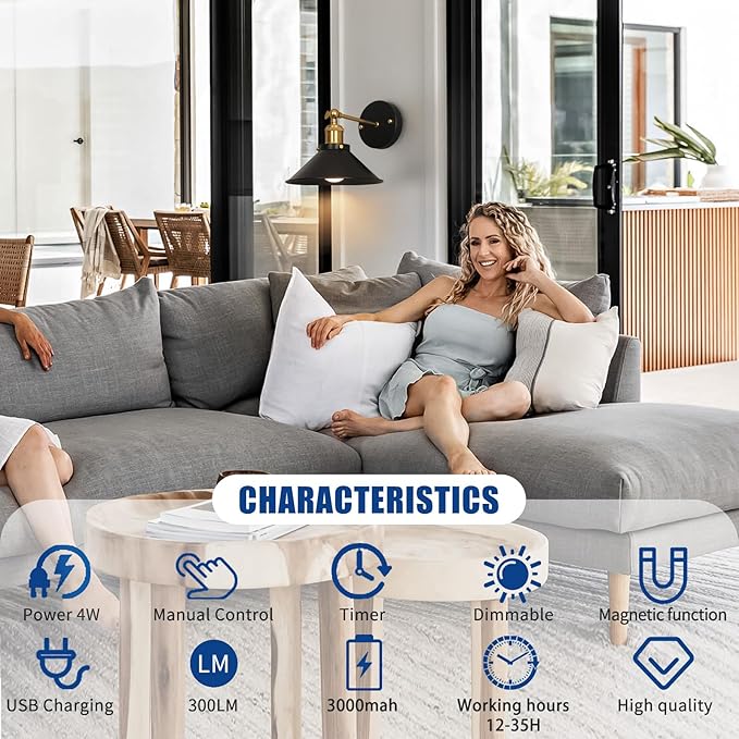 Bailoch Black & Gold Vintage Rechargeable Battery Operated Wall Sconces, Cordless Battery Powered Led Wall Lights Set of 2, Wall Lamp Fixture Indoor with Remote Control for Bedroom Farmhouse Gallery