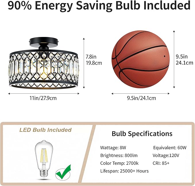 Mayful Modern Crystal Ceiling Light,Black Seim Flush Mount Lighting Fixtures,Round Hallway Light Fixtures for Entryway Bedroom Kitchen Laundry Room,11 Inch