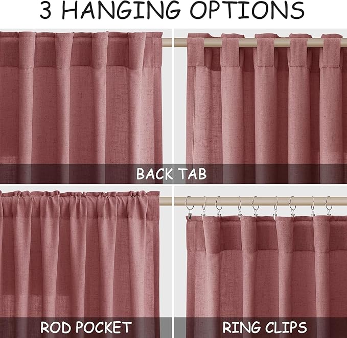 Canyon Rose Linen Curtains for Living Room 100 Inches Long Light Filtering Semi Sheer Curtain Back Tab Modern Farmhouse Decor Elegant Luxury Boho Girl Drapes for Bedroom Dinner Room 52x100, 2 Panels