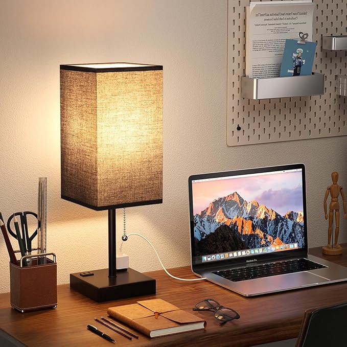 Plus Black Bedside Table Lamps Set of 2 - Bedroom Lamps with 3 Colors (3000K/5000K/4000K), Square Nightstand Lamp with USB C + A Charging Ports And 2 AC Outlets, Pull Chain Night Light For End Table