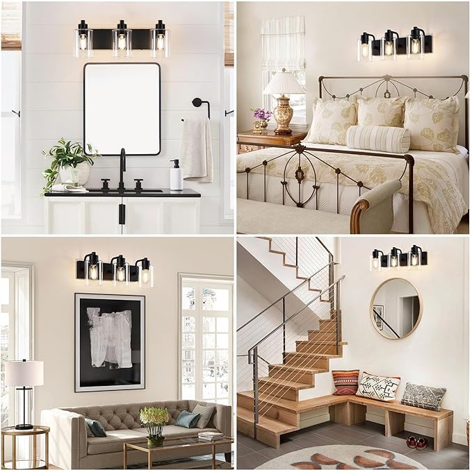 Dpyrrhic Bathroom Light Fixtures,Matte Black 3-Light Bathroom Lights Over Mirror with Clear Glass Shade,Wall Sconces for Kitchen Living Room Bedroom