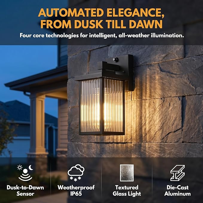Dusk to Dawn Outdoor Lighting, Waterproof Outdoor Porch Light with Tempered Glass, Outdoor Light Fixture for House Exterior Front Door Garage Patio