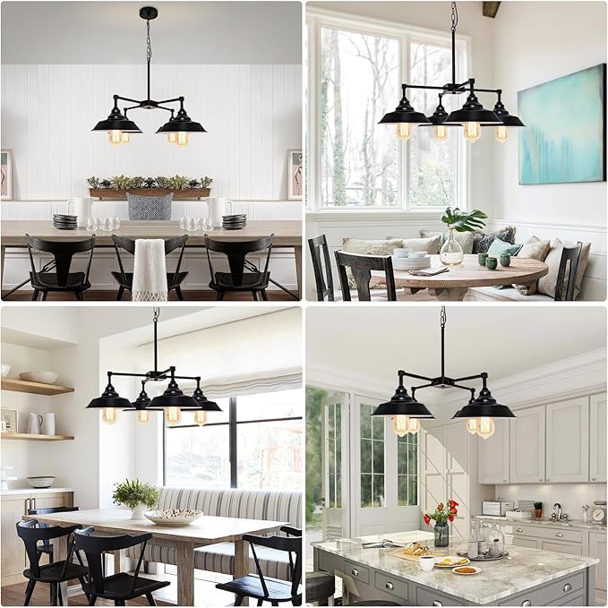 Kitchen Island Light Black Pendant Lighting Fixture 4 Lights, Modern Farmhouse Chandelier Industrial Metal Ceiling Hanging Lamp for Dining Room Hallway Pool Table