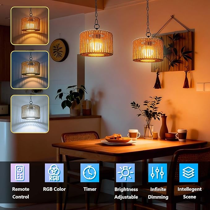 Battery Operated Chandelier Rechargeable, Outdoor Pendant Light Cordless with RGB LED Bulb, Boho Hanging Lights with Remote for Gazebo, Porch, Patio, Pergola, Indoor Decor,Set of 2