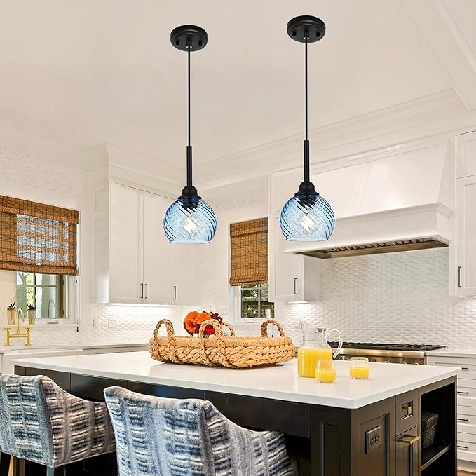2 Pack Pendant Lights Kitchen Island with Blue Striped Swirl Globe Glass, Modern Hanging Light Fixtures Semi Flush Mount Stylish Black Pendant Lighting for Dining Room Hallway Bedroom Bar