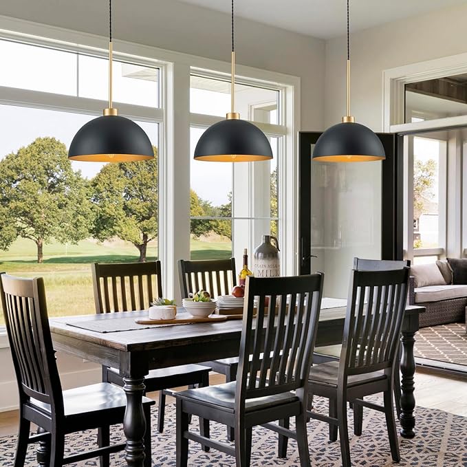 12 Inch Black and Gold Dome Pendant Light, Farmhouse Kitchen Island Lighting, Industrial Light Fixture for Dining Room Entryway Hallway, Height Adjustable
