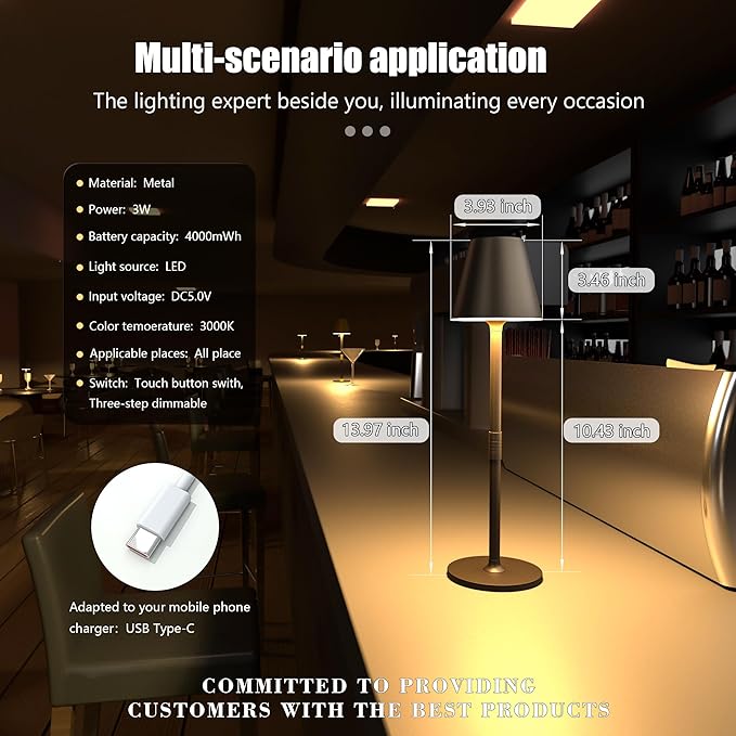 Timjorman Modern LED Cordless Table Lamp, 4000mAh Rechargeable Battery, 3 Level Brightness Night Light, Metal Shell, Minimalist Design, for Couples Dinner/Coffee Table/Restaurant/Bedroom, Khaki