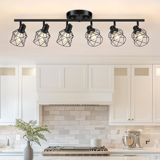 6-Lights Black Semi Flush Mount Ceiling Light, Multi-Directional Ceiling Light Fixtures, Rotatable Kitchen Track Lighting Fixtures with Wire Cages for Living Room, Dining Table, Foyer