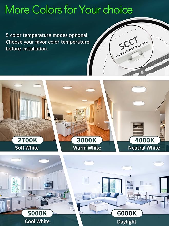 zouzai 3rd Gen Fireproof LED Flush Mount Ceiling Light, Dimmable 5CCT 2700K-6000K, 9 Inch 18W Ultra-Thin Round Fixture for Bedroom, Hallway, Closet, Laundry, Kitchen, ETL Listed(9 inch 4 Pack)