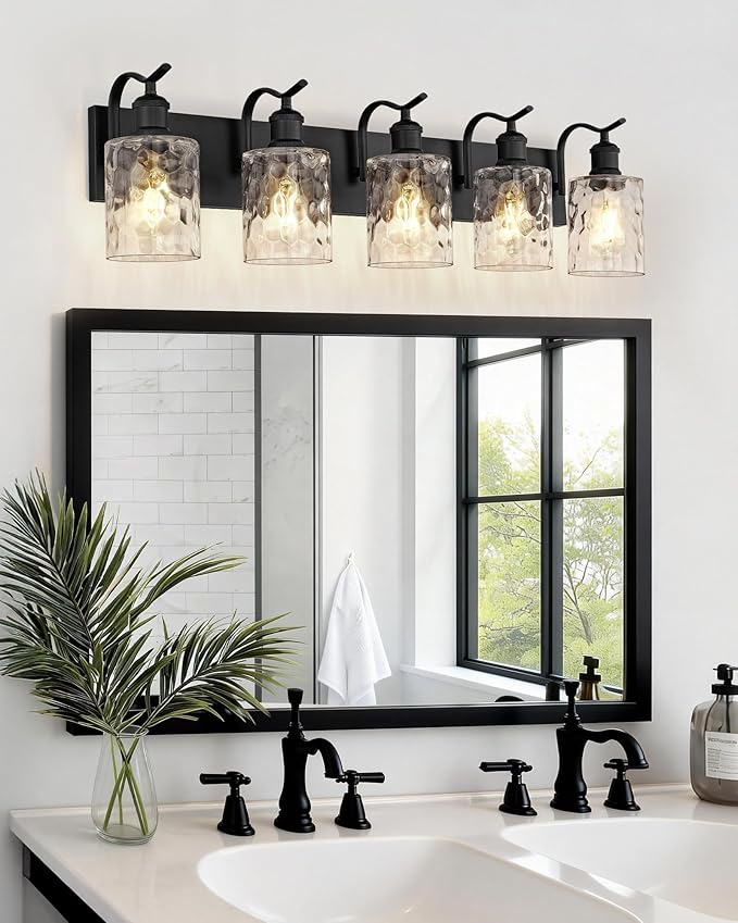 Bathroom Vanity Light Fixtures 5-Light Hammered Glass Modern Wall Mounted Over Mirror Black - VL01BKH-5