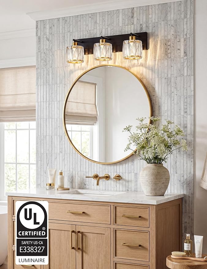 VOLISUN Crystal Vanity Lights for Bathrooms, 3 Light Bathroom Vanity Light, Black and Gold Bathroom Light Over Mirror, Modern Bathrooms Lights Fixtures-UL Certificated(Exclude Bulb)