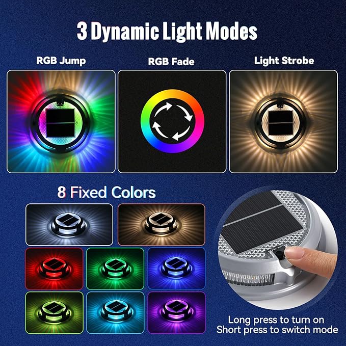 Solar Driveway Lights Outdoor 24 Pack, RGB Colors Solar Deck Dock Lights Outdoor Waterproof IP68, 3 Dynamic Light Modes Driveway Marker for Warning Stair, Boat Dock, Step, Walkway, Patio Decor