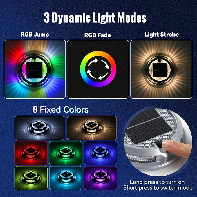 Solar Driveway Lights Outdoor 16 Pack, RGB Colors Solar Deck Dock Lights Outdoor Waterproof IP68, 3 Dynamic Light Modes Driveway Marker for Warning Stair, Boat Dock, Step, Walkway, Patio Decor