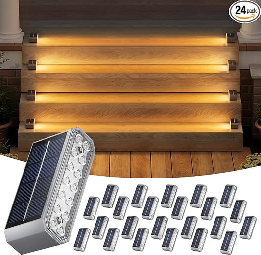NIORSUN Solar Step Lights, 24 Pack Outdoor Horizontal Lights for Steps, Deck, Stairs, Dock & Pathway - Bright 3000K Warm White, Auto On/Off, IP67 Waterproof